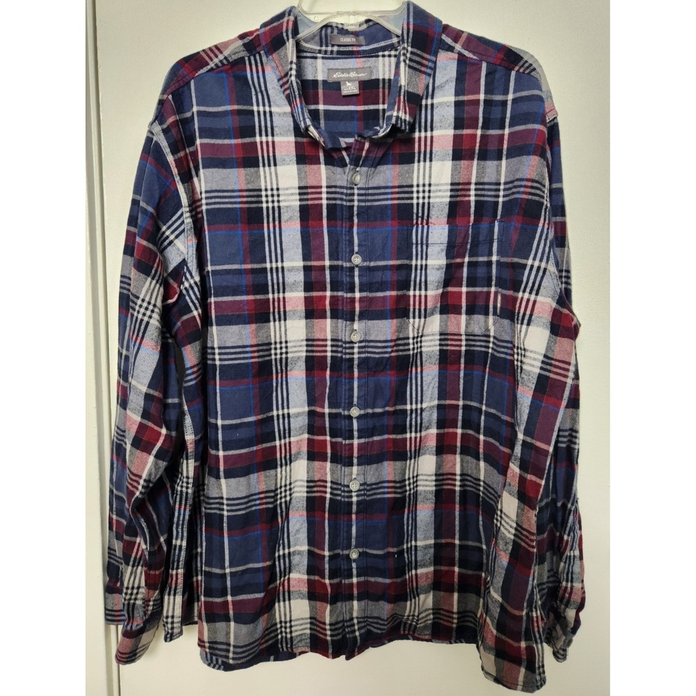 Eddie Bauer Blue Plaid Cotton Flannel‎ Shirt Button Up Long Sleeve 2XL Workwear
